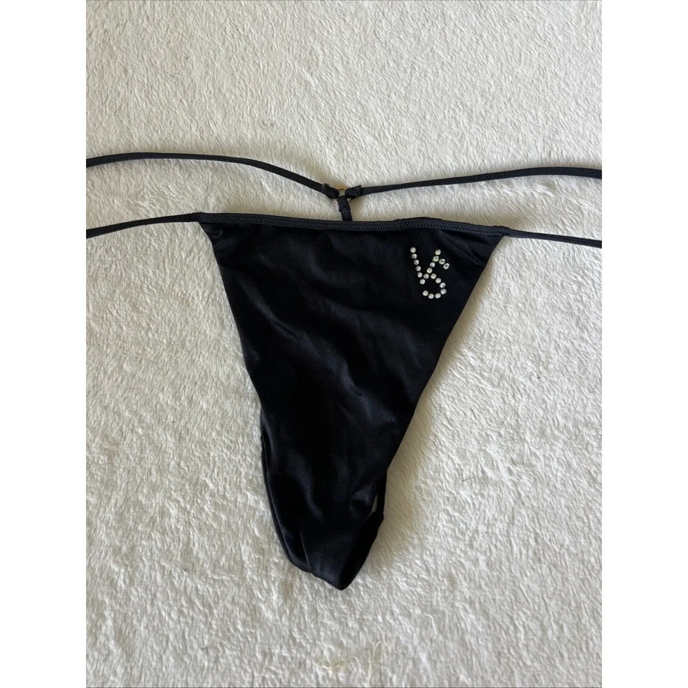 Vintage Victoria's Secret L Very Sexy Satin Black Rhinestone Bling V-String Y2K